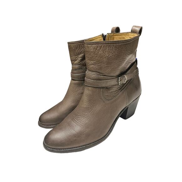Frye Jackie Rivet Side Zip Ankle Boots Harness‎ Block Heel Booties Brown 9.5 - Picture 1 of 9